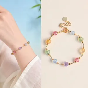 Elegante pulsera de cuentas de cristal natural de colores con cadena de oro para mujer