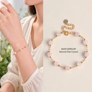 Pulsera de cuentas de cuarzo rosa natural hecha a mano con detalles dorados para mujer