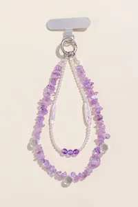 Elegant multi-strand purple amethyst and pearl beaded phone strap bag charm accessory