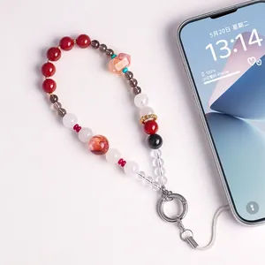 New Chinese style beaded phone strap with red agate and white crystals for phone