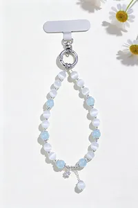 Elegant light blue and white cat-eye beaded phone charm featuring a silver star pendant