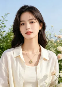 Elegant Asian model wearing a green Hetian jade donut pendant necklace in a garden.