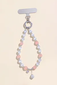 Handmade cat's eye stone and pink crystal beaded phone charm with silver flower pendant