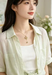 Elegant Hetian jade Ping'an buckle necklace on a model for a soft lifestyle detail view.