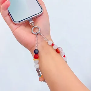 Handmade crystal beaded phone lanyard with natural phantom quartz and red agate stones