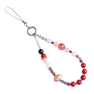 Handmade crystal and red agate beaded phone charm with Chinese style design