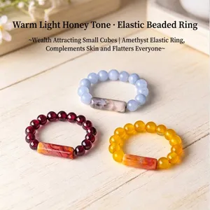 Handmade Natural Garnet Agate Beaded Elastic Ring Retro Aquamarine Stretch Crystal Ring For Women Niche Jewelry Gift