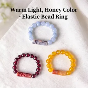 Handmade vintage elastic beaded rings with natural garnet crystals and agate stones