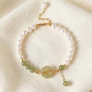 Natural Freshwater Pearl Hetian Jade Beaded Jewelry Set For Women Elegant Gold Plated Rhinestone Necklace Bracelet Gift