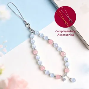 Pastel blue and pink cat's eye stone beaded phone strap charm with flower pendant