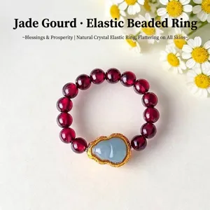 New Chinese style garnet beaded elastic ring featuring a carved emerald gourd charm