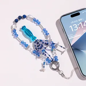 Exquisiter blauer Lapislazuli-Kristallperlen-Handyanhänger mit Mini-Vasenanhänger
