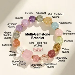 Natural Stone Rainbow Multi-color Crystal Bracelet For Women Nine-tailed Fox Peony Hand Carved Beaded Luck Healing Bracelet