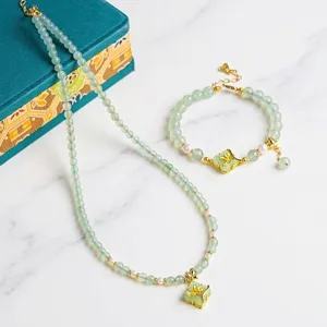 Elegant natural Aventurine Jade and freshwater pearl necklace and bracelet set.