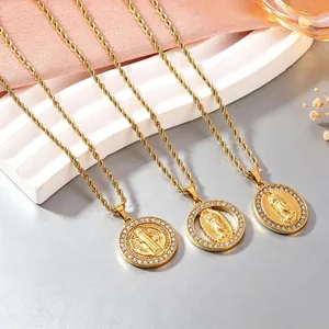 Vintage Religious Virgin Mary Portrait Relief Medallion Pendant Necklace 304 Stainless Steel Rhinestone Inlaid Rope Chain For Women Jewelry Gift