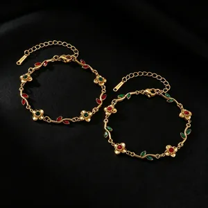 Forest Style Fresh Stainless Steel Flower Green Leaf Bracelet For Women Gold Plated Rhinestone Clover Floral Charm Hand Jewelry