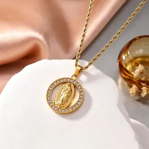 Close-up of gold stainless steel Virgin Mary pendant necklace with cubic zirconia