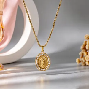 Close-up of gold stainless steel Virgin Mary pendant necklace with CZ stones