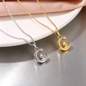 Collier Pendentif Lapin Lune Étoile en Acier Inoxydable 304 pour Femmes Style Doux Mode Or Argent Plaqué Chaîne de Clavicule Bijoux Cadeau