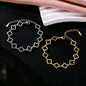 Pulsera de Acero Inoxidable Minimalista con Trébol de Cuatro Hojas Hueco para Mujer Chapado en Oro Plata Pulsera de Eslabones de Moda Joyería