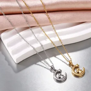 Détail en gros plan du collier avec pendentif lapin et croissant de lune en acier