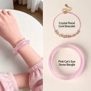 Elegant Cat's Eye Stone Bangle Crystal Flower Braided Cord Bracelet Set Women Pink Blue Purple Sweet Fashion Jewelry Gift