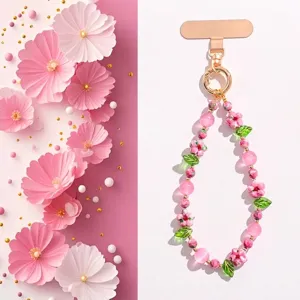 Elegant pink floral beaded phone strap with crystal beads and gold clasp for bags