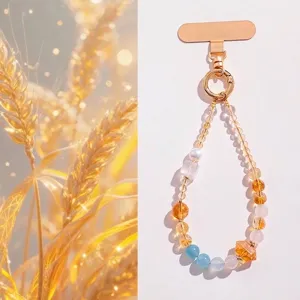 Luxury handmade natural pearl and multi-color crystal phone chain with golden clasp