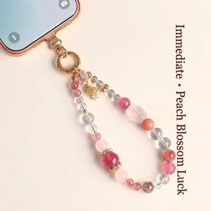 Handmade natural strawberry quartz and crystal beaded phone strap with butterfly charm