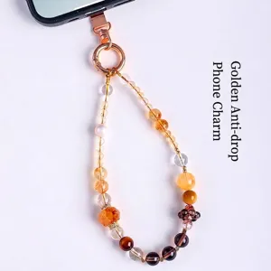 Handmade natural pearl and golden crystal beaded anti-drop phone strap for women