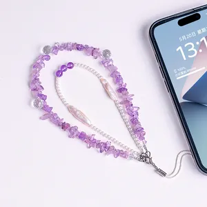 Handmade Irregular Aquamarine Purple White Jade Crystal Beaded Phone Chain Artificial Pearl Lotus Pod Pendant Bag Charm
