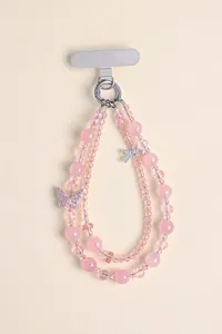 Elegante ciondolo per telefono a doppio strato con perline rosa e farfalla di cristallo.