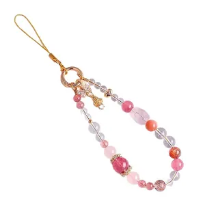 Elegant handmade strawberry crystal and amethyst beaded phone strap with gold cord loop