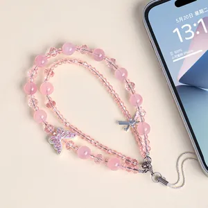 Elegante cordino per cellulare a doppio strato di perline rosa con farfalla di cristallo