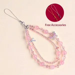 Elegante catena per cellulare a doppio strato di perline rosa con ciondolo a farfalla lucido