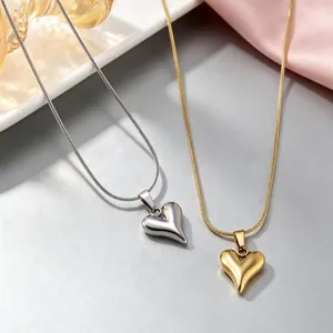 Minimalistische 304 Edelstahl Puffiges Herz Anhänger Halskette Für Damen Glänzend Gold Silber Schlangenkette Schmuck