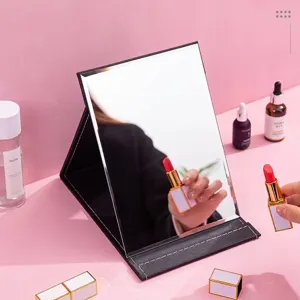 Portable Folding Makeup Mirror Desktop HD PU Leather Rectangular Travel Vanity Mirror For Student Office Bedroom Home Decor