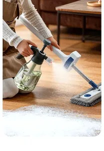 Detailed close-up showing the multifunctional foam spray bottle in a home floor cleaning scenario