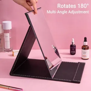 Portable high-definition folding desktop vanity mirror with adjustable black leather stand