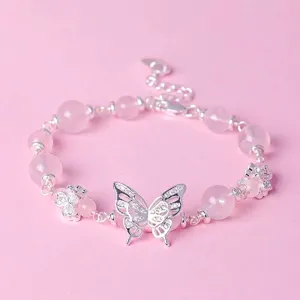 Butterfly Natural Crystal Beaded Bracelet For Women New Chinese Style Light Luxury Rose Quartz Amethyst Bracelet Stackable Jewelry Gift