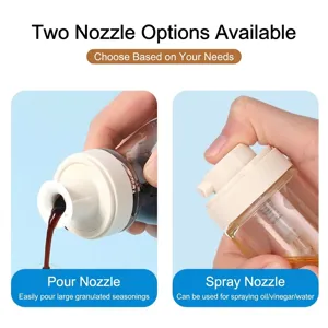Durable seasoning glass oil dispenser bottle with dual spray and pour nozzle types