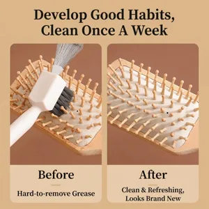 Dual-purpose hairbrush cleaner brush tool showing before and after deep cleaning effects