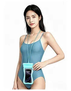 Detail view of the blue waist-shaped waterproof phone pouch worn by an Asian model