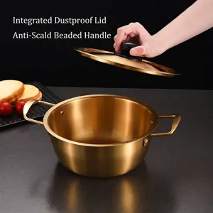 Olla coreana de acero inoxidable dorado con tapa y doble asa para sopa y ramen