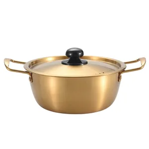 Olla de ramen coreana dorada tradicional con tapa de acero inoxidable cepillado para el hogar