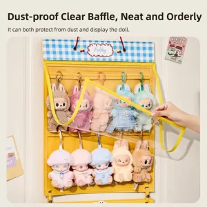 Clear hanging storage bag for Labubu dolls with dust-proof cover, yellow felt