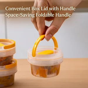 Portable transparent food storage container with yellow handle lid for pickles storage