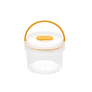 Transparent sealed food storage container with orange handle for kitchen organization