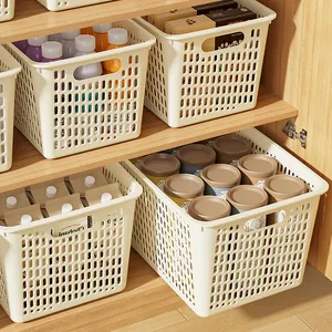 Multi-Functional PP Plastic Storage Basket With Handles Hollow Mesh Design Desktop Organizer For Kitchen Bathroom Living Room White Cream