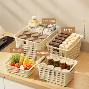 Set of 4 cream-colored plastic storage baskets for multi-functional home pantry organization